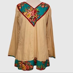 Beige & Green Color Floral Long Sleeve Top